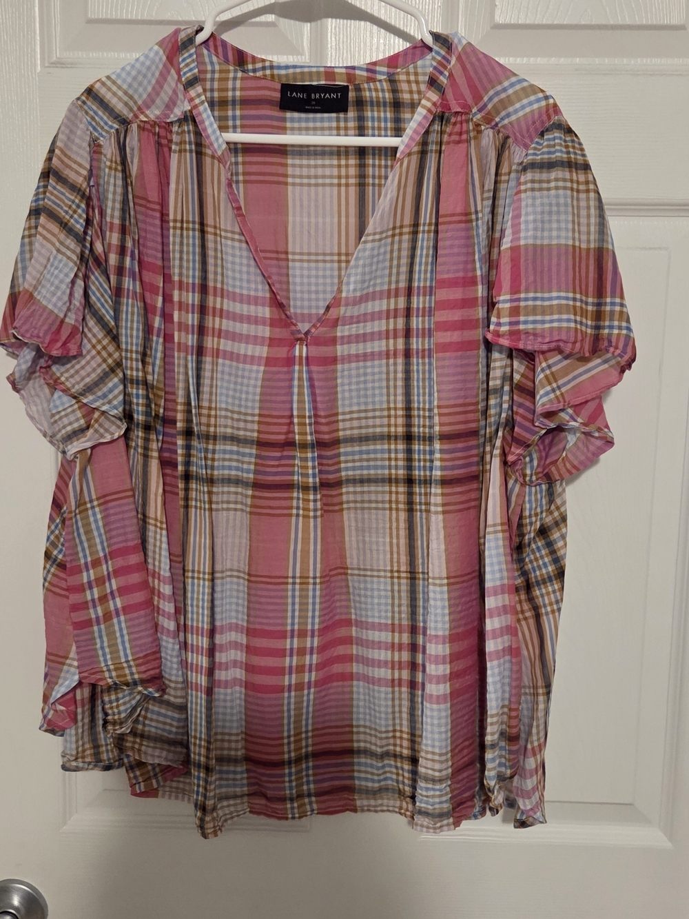 Lane Bryant Pink Cream Plaid V-Neck Ruffle Sleeve Top